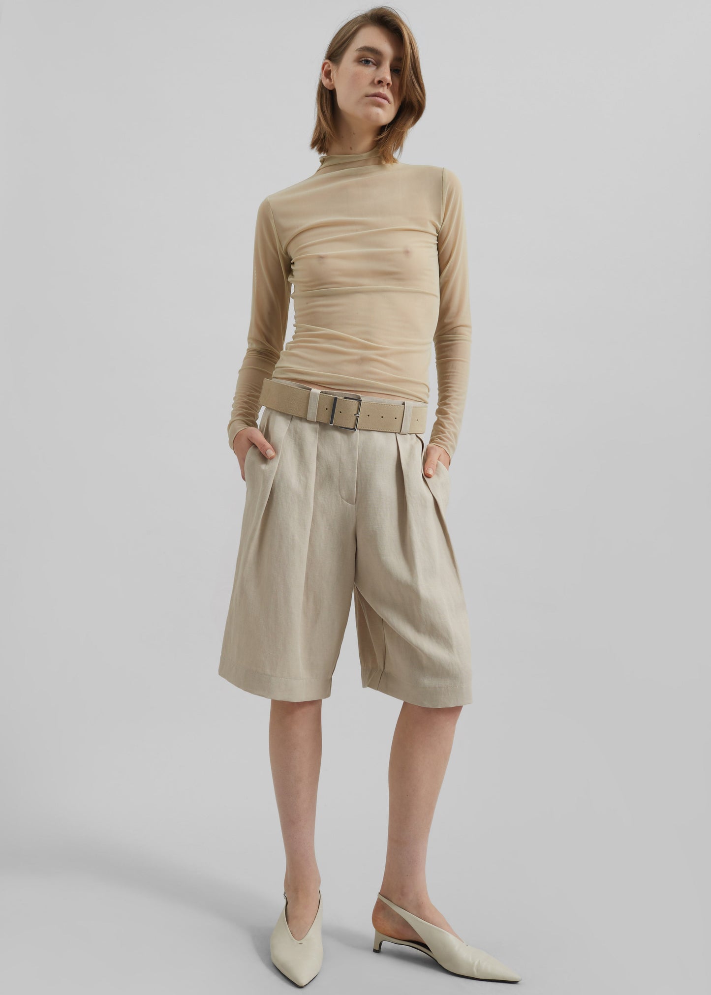 Bilbao Pleated Linen Bermuda Shorts - Cement