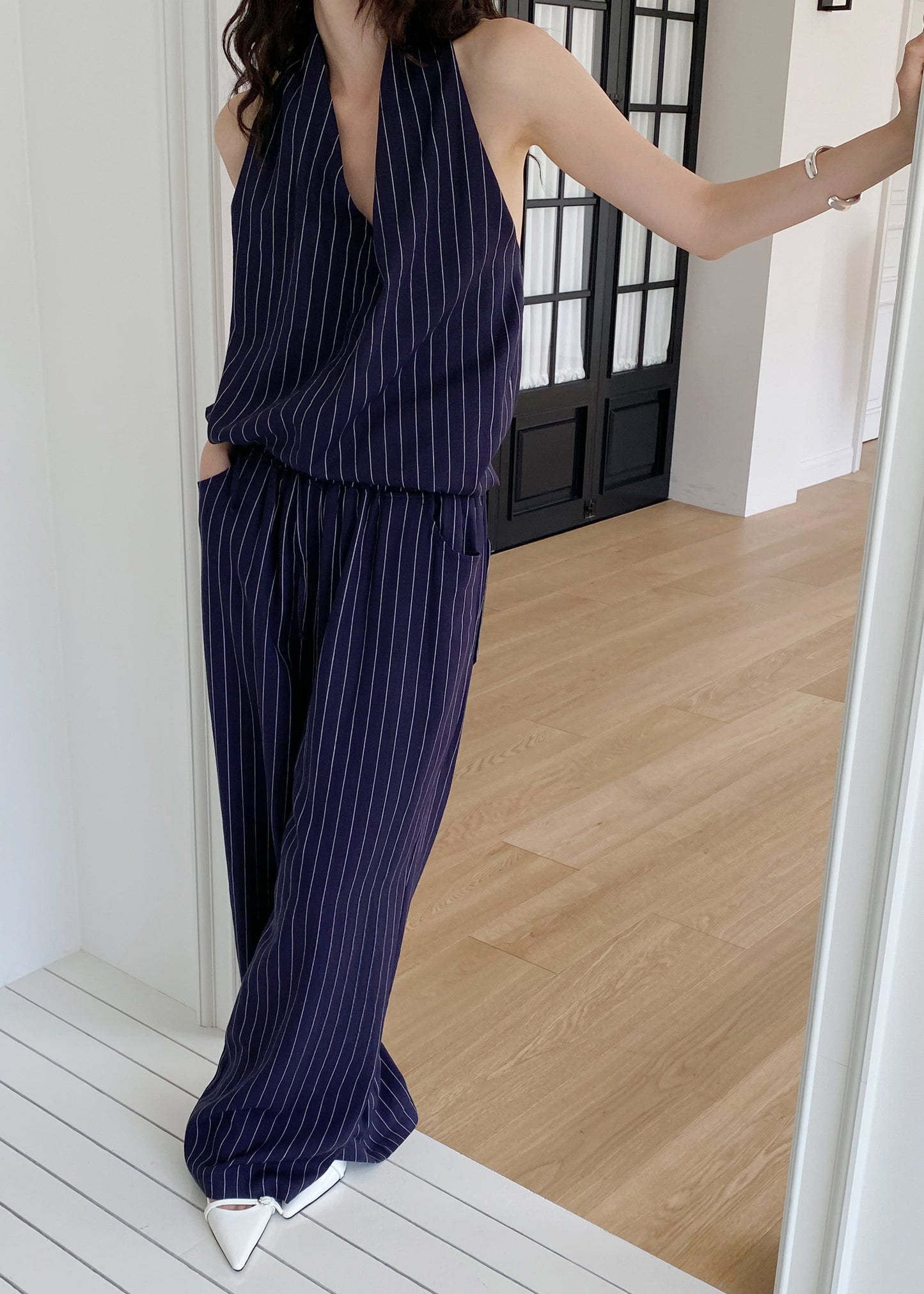 Branton Drawstring Pants - Navy/White Pinstripe