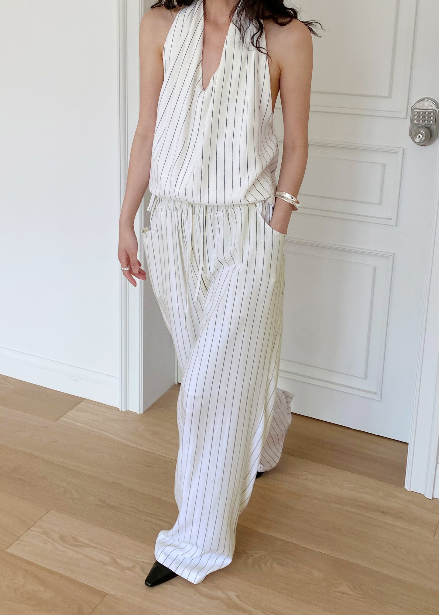 Branton Drawstring Pants - White/Black Pinstripe