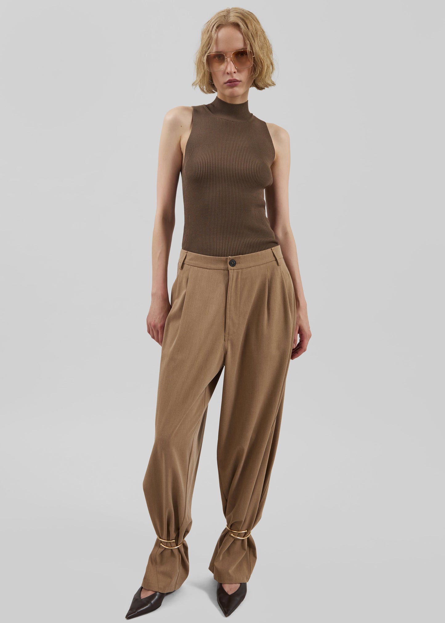 Darkpark Phebe Cuff Adorned Wide-Leg Wool Pants - Beige