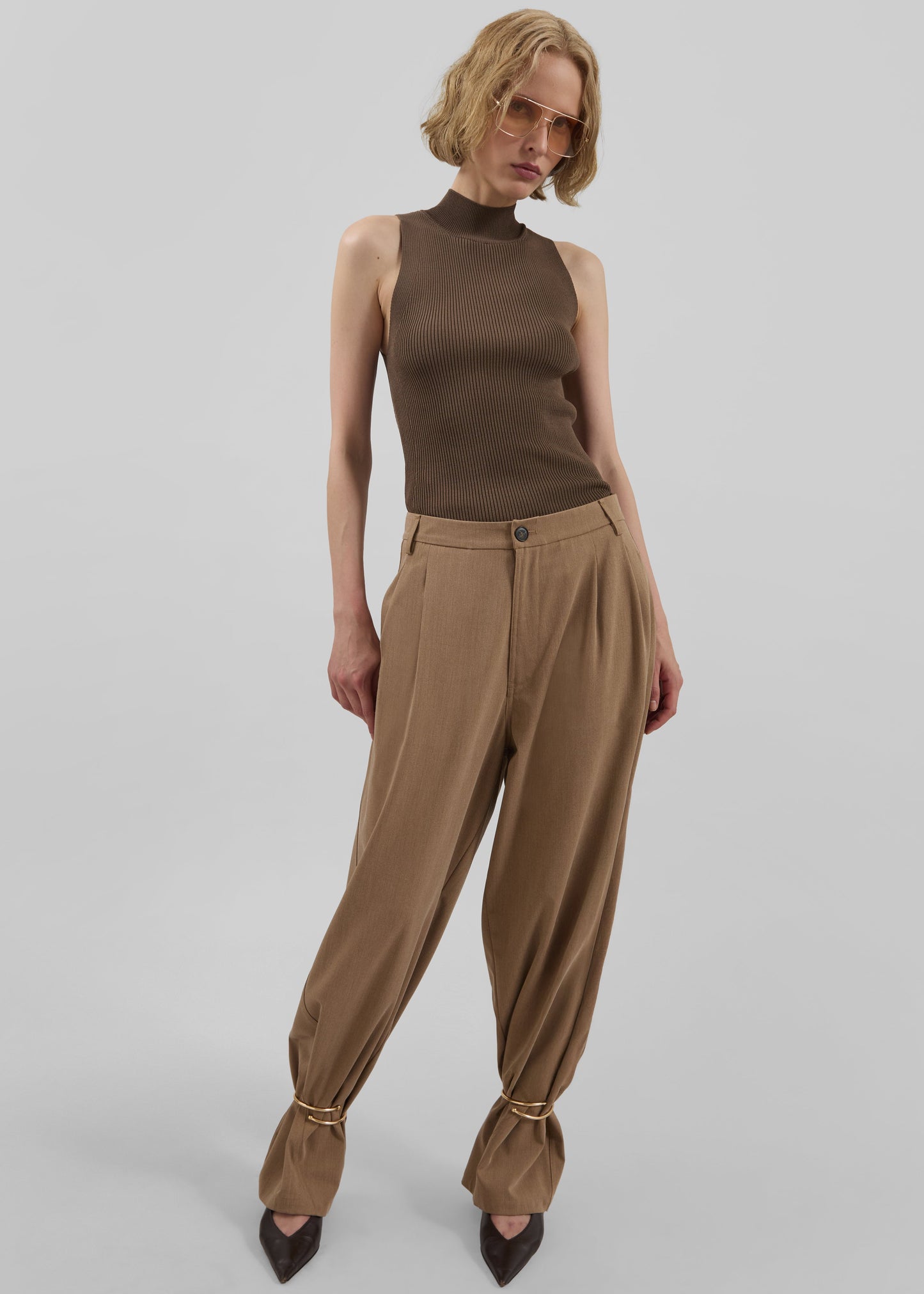 Darkpark Phebe Cuff Adorned Wide-Leg Wool Pants - Beige