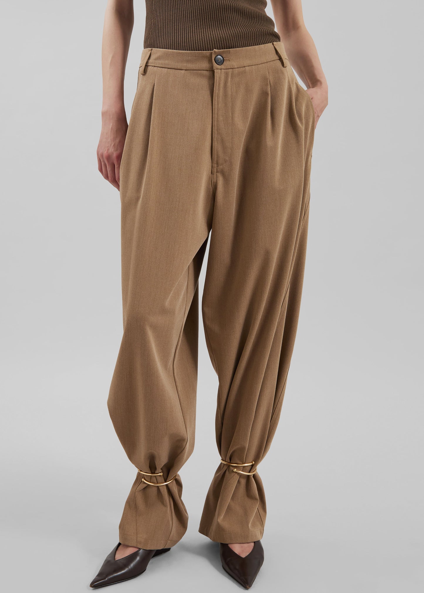 Darkpark Phebe Cuff Adorned Wide-Leg Wool Pants - Beige