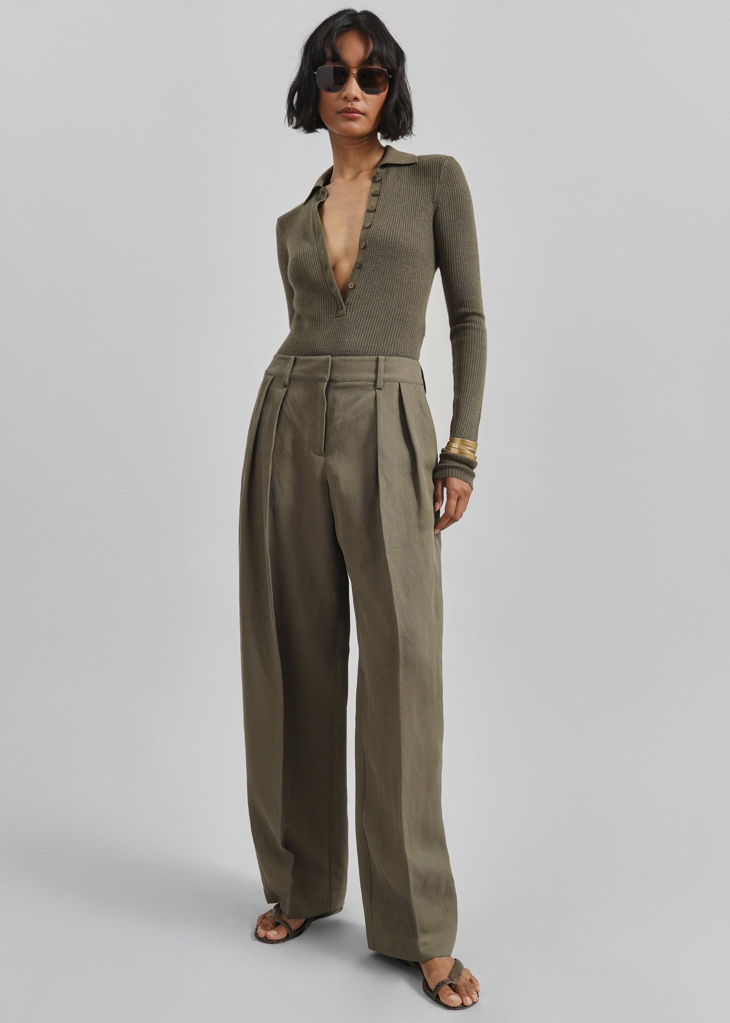 Daytona Pleated Linen Trousers - Khaki