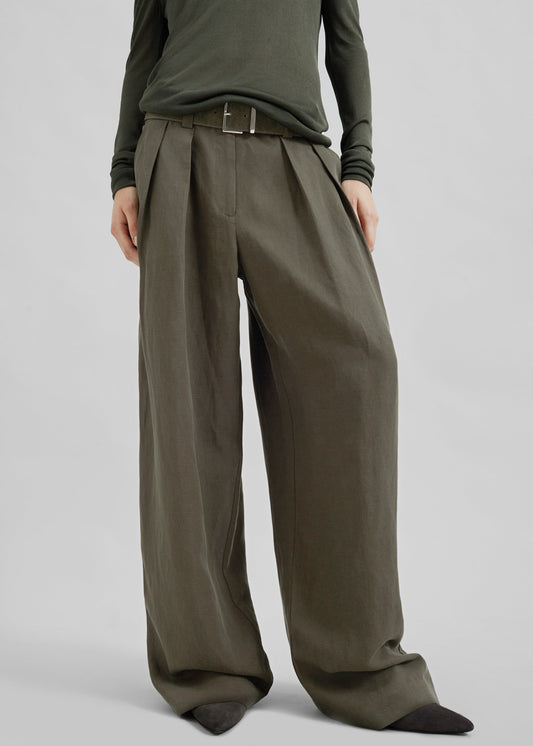 Daytona Pleated Linen Trousers - Khaki