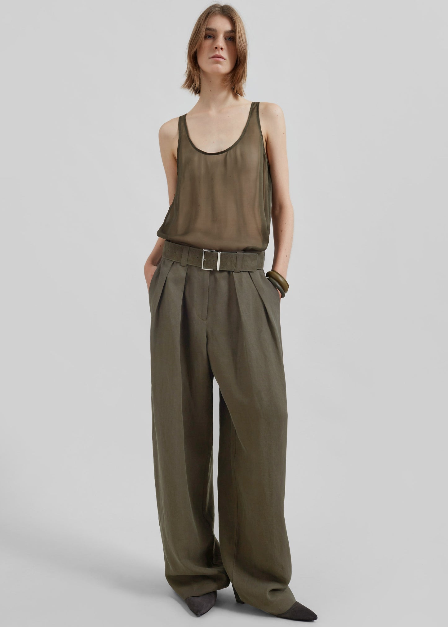 Daytona Pleated Linen Trousers - Khaki