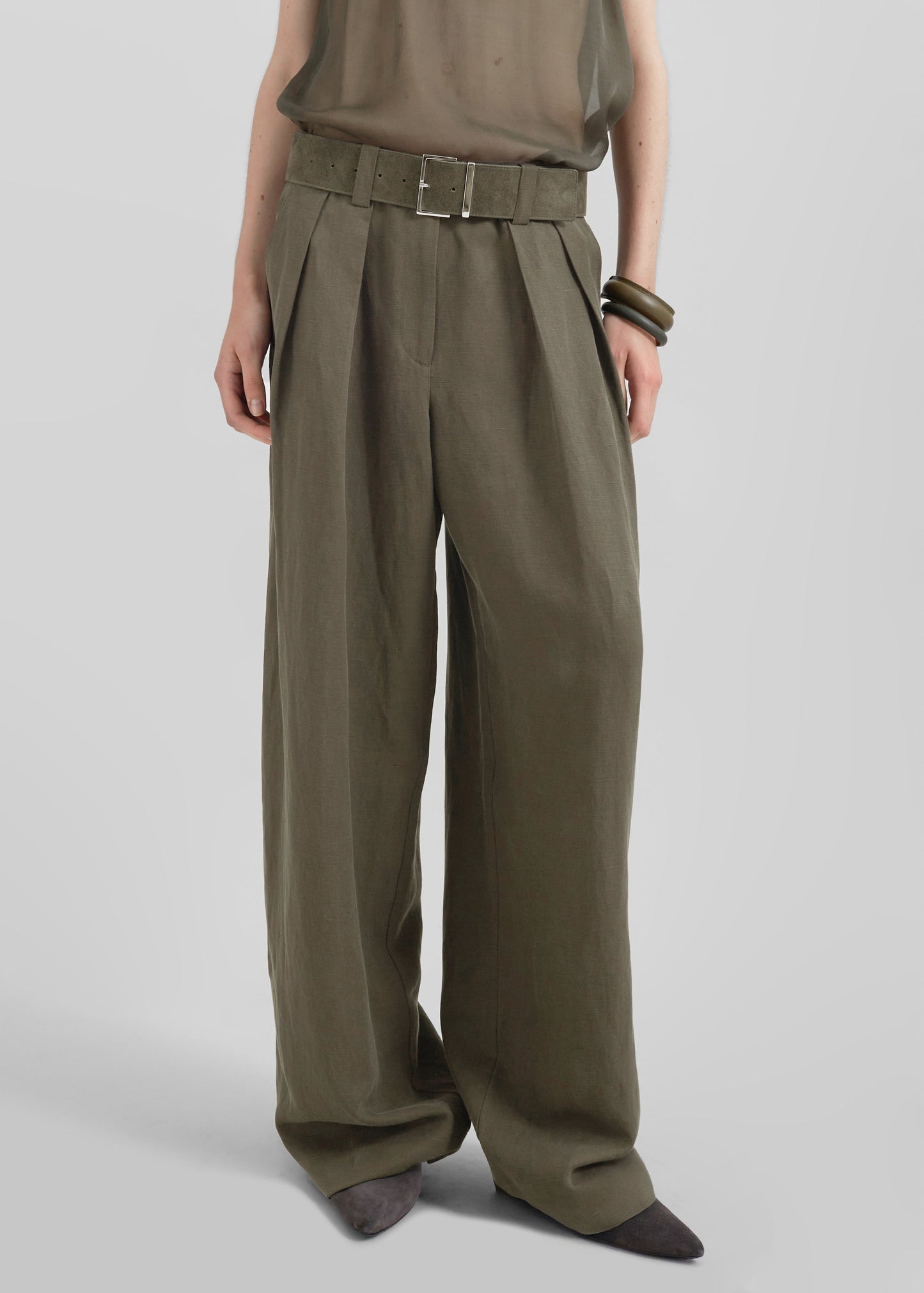 Daytona Pleated Linen Trousers - Khaki