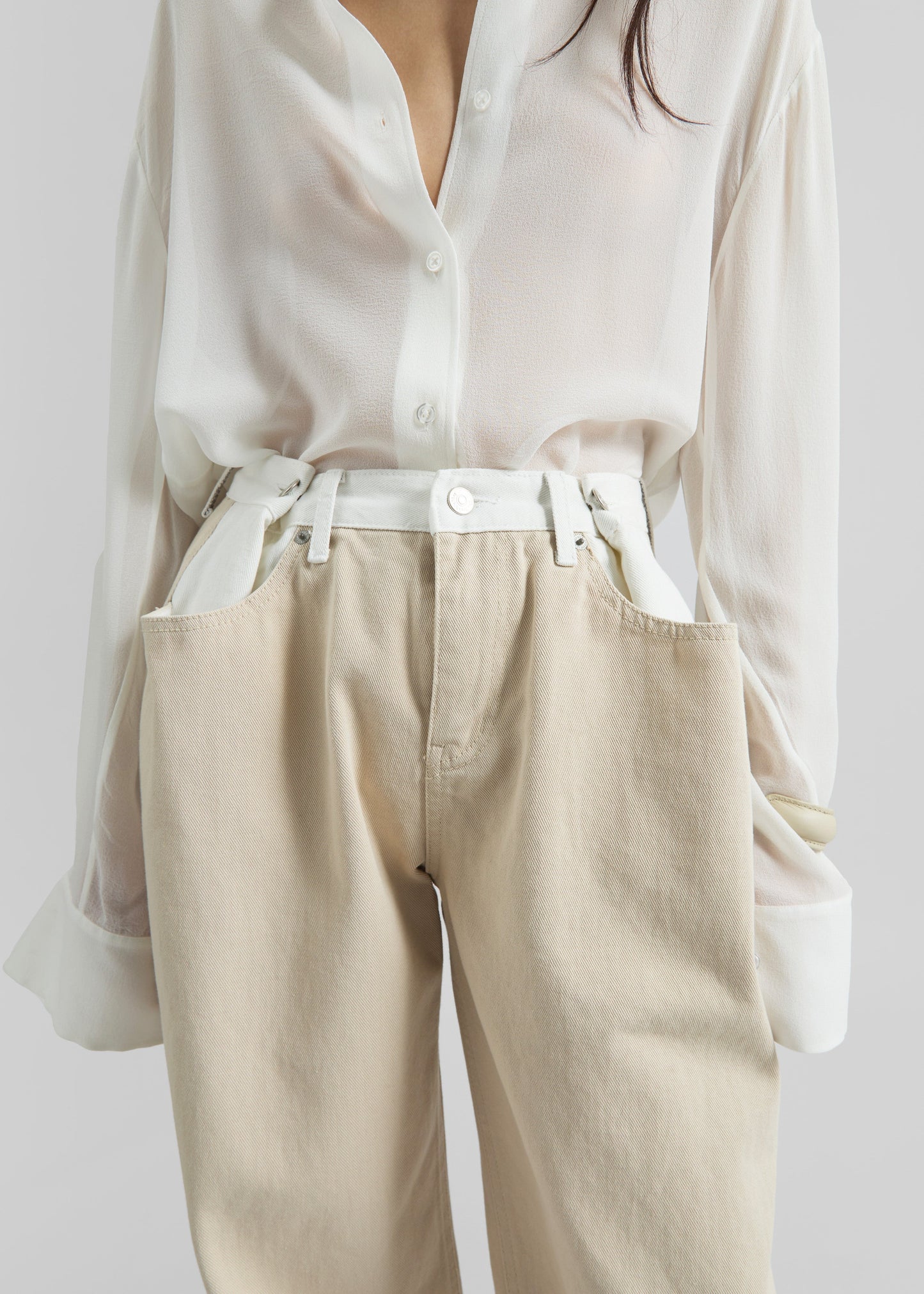 Hayla Contrast Denim Pants - Beige/Off White
