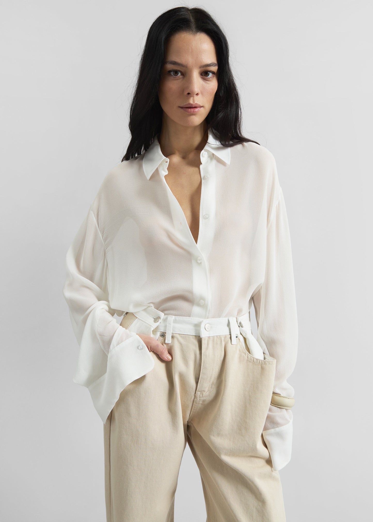 Hayla Contrast Denim Pants - Beige/Off White