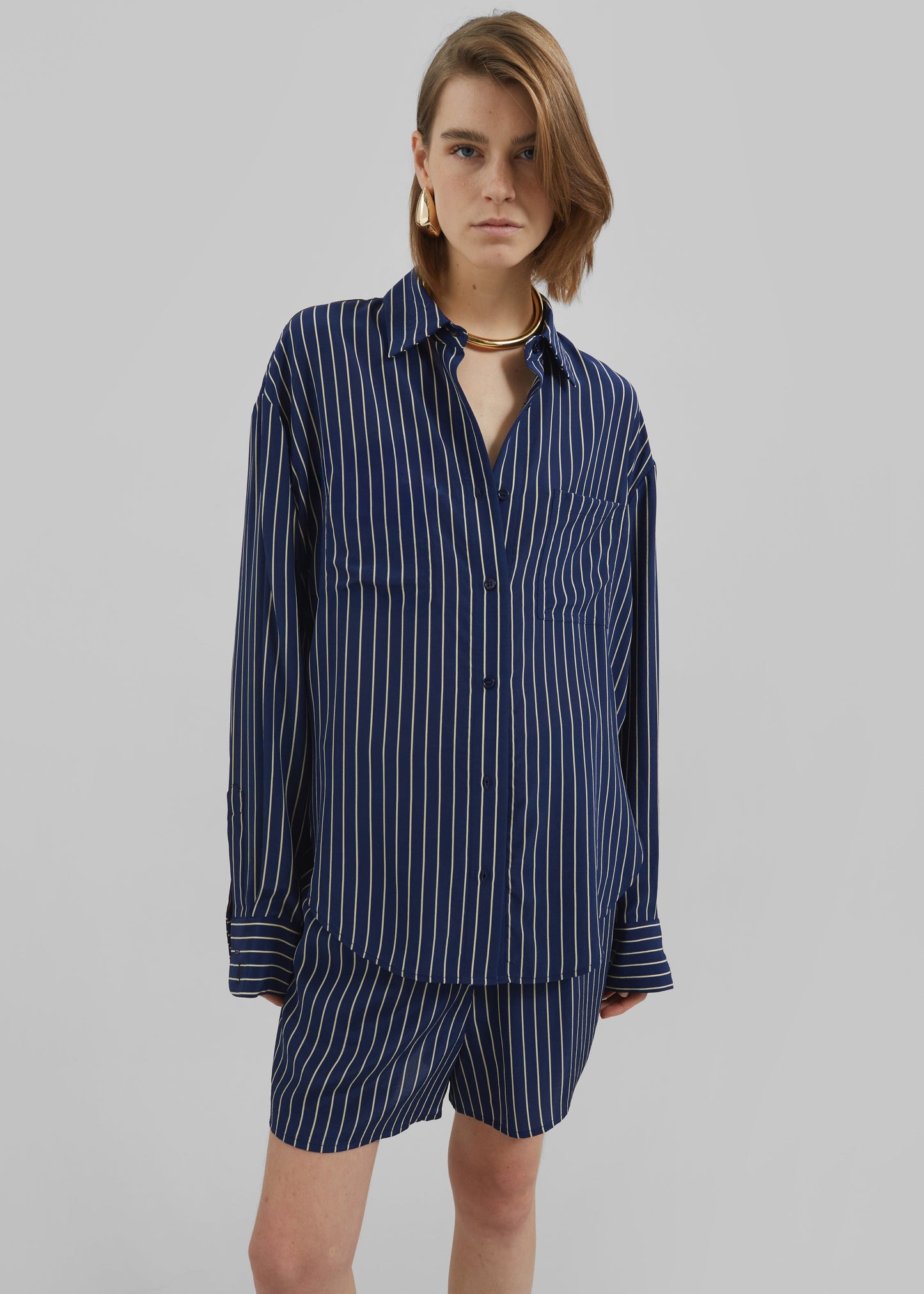 Lui Striped Boxer Shorts - Navy/Beige Pinstripe