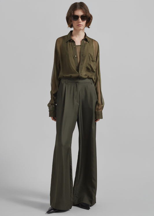 Marfa Pleated Silk Trousers - Khaki