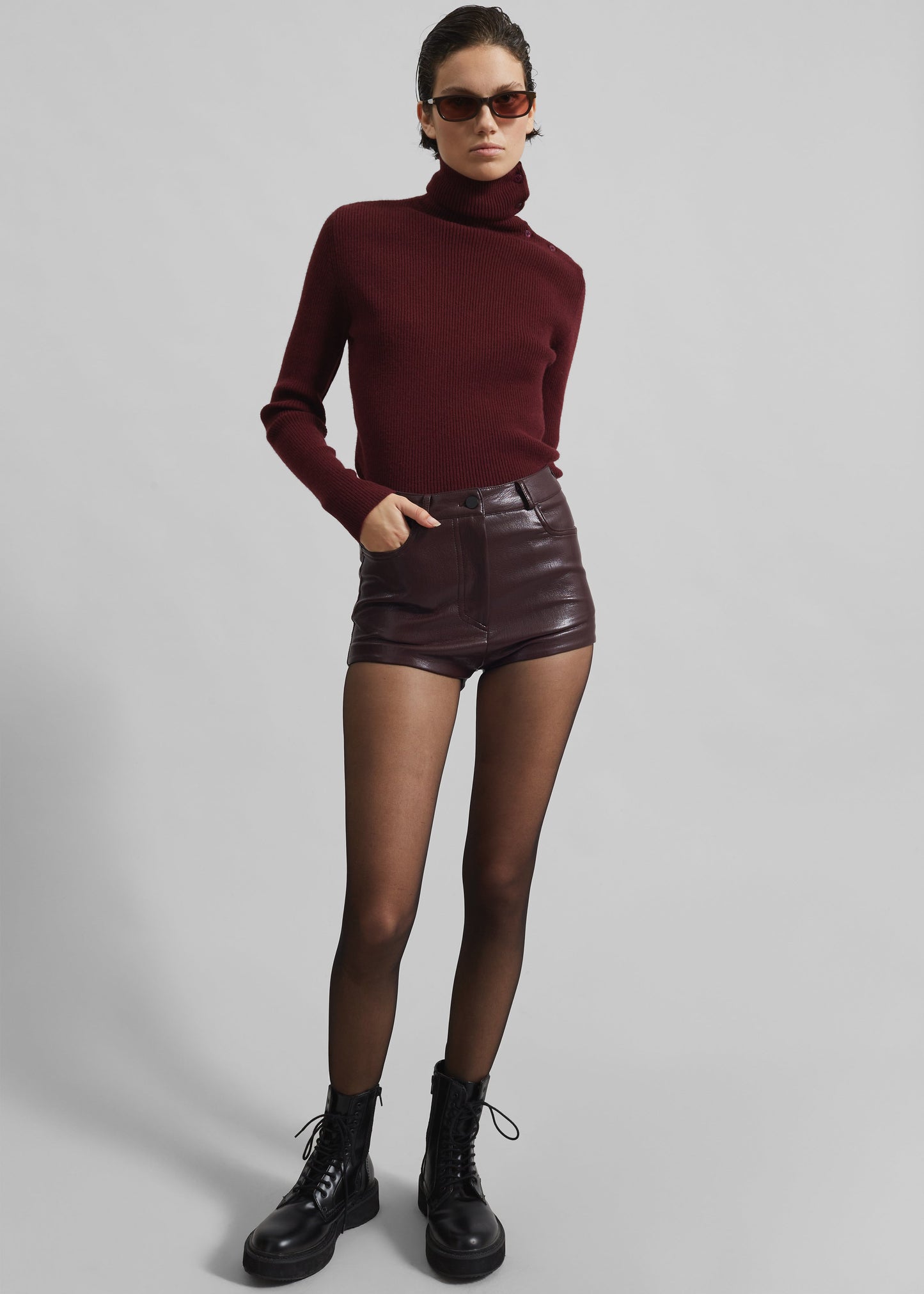 Nevis Faux Leather Hot Pants - Burgundy
