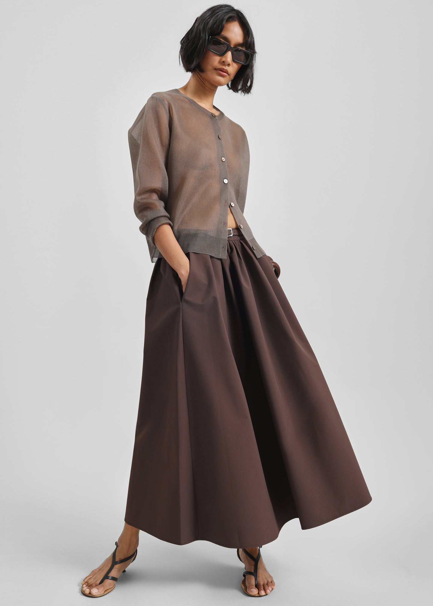 Nimes Voluminous A-Line Maxi Skirt - Brown