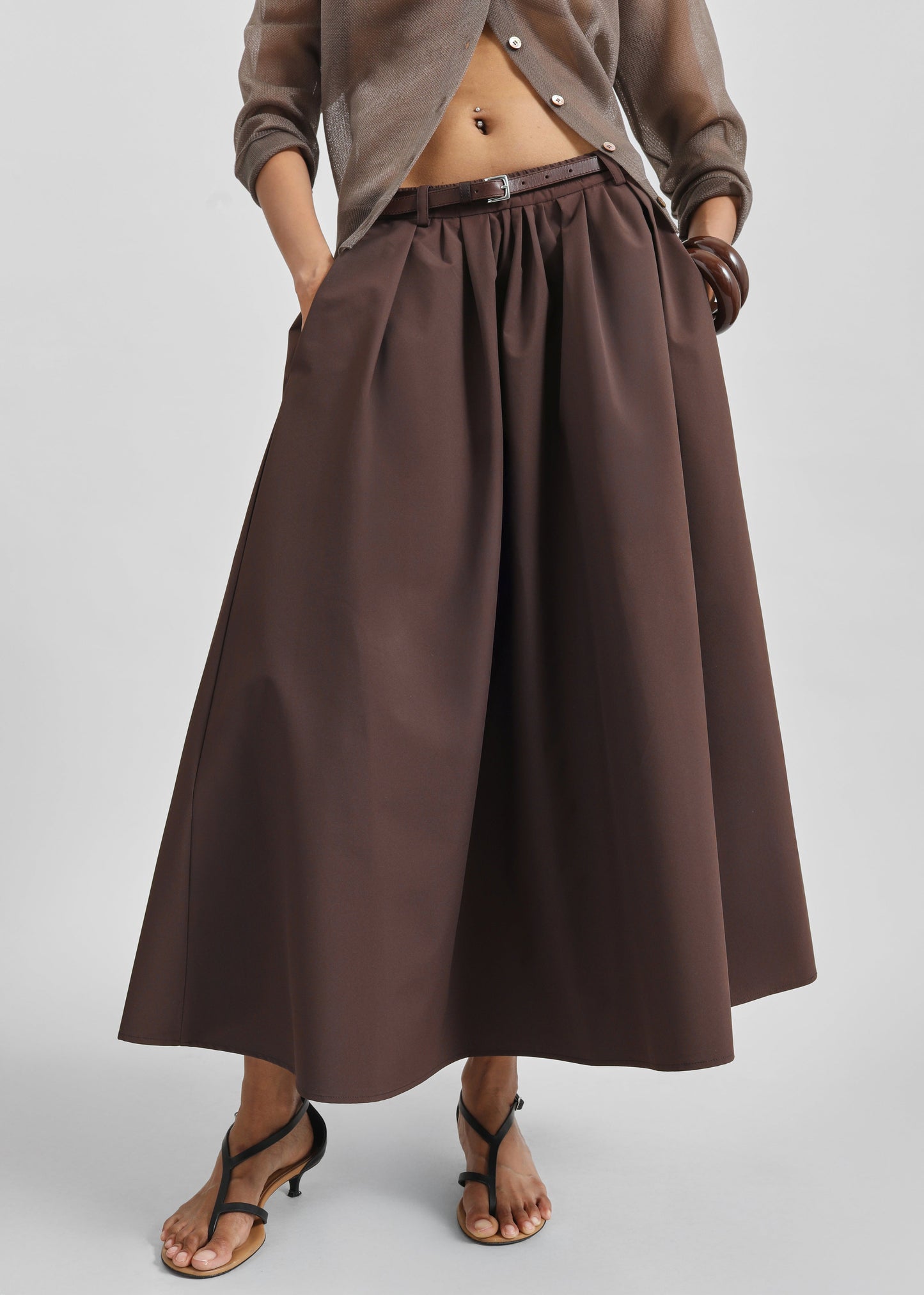 Nimes Voluminous A-Line Maxi Skirt - Brown