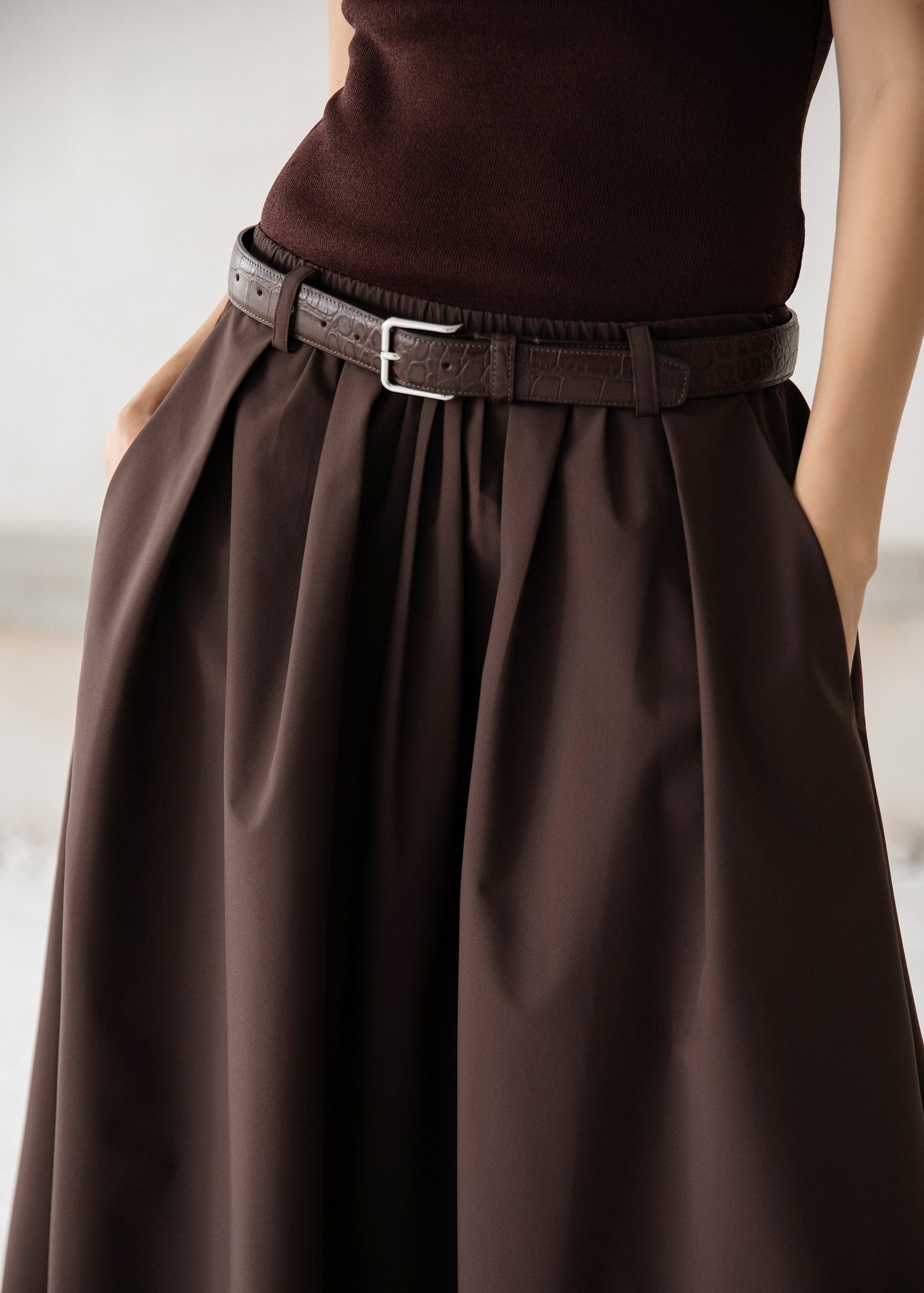 Nimes Voluminous A-Line Maxi Skirt - Brown