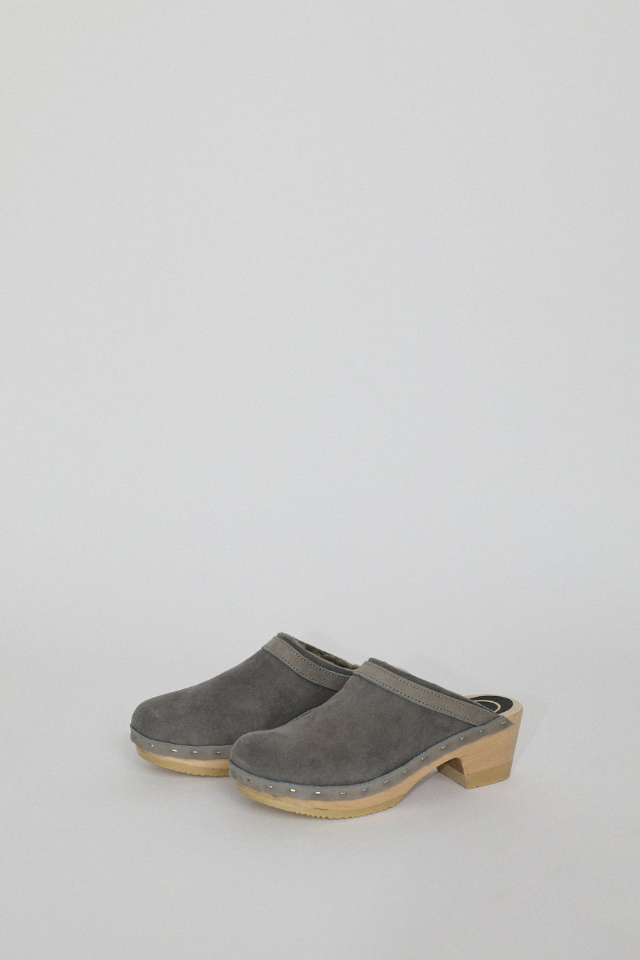 No.6 Dakota Shearling Clog on Mid Heel in Smoke Suede and Cloud