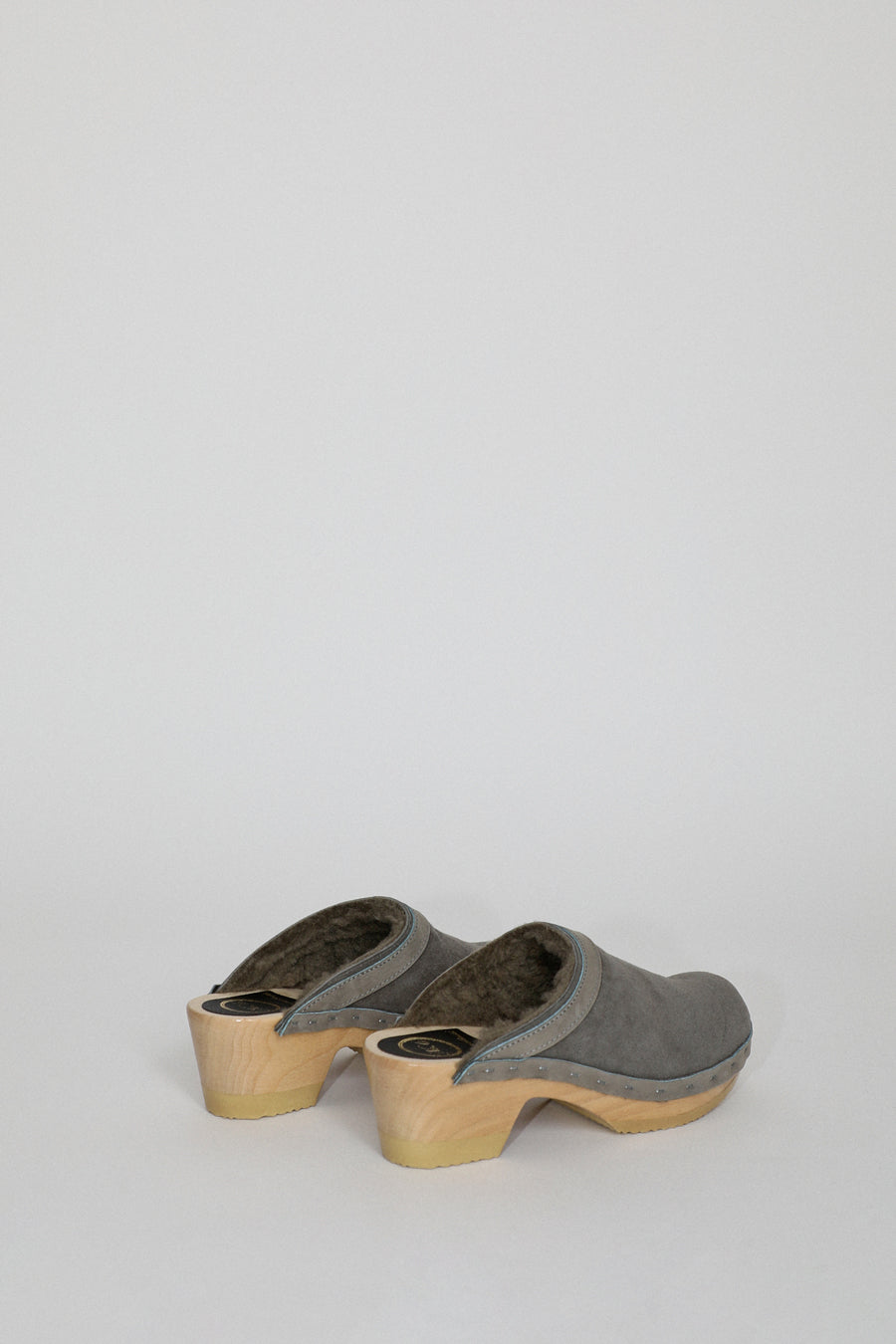 No.6 Dakota Shearling Clog on Mid Heel in Smoke Suede and Cloud