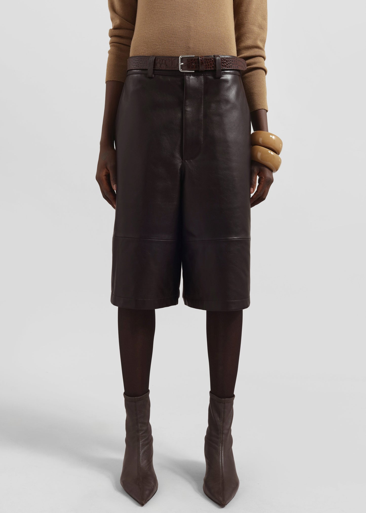 Olivia Leather Bermuda Shorts - Dark Brown