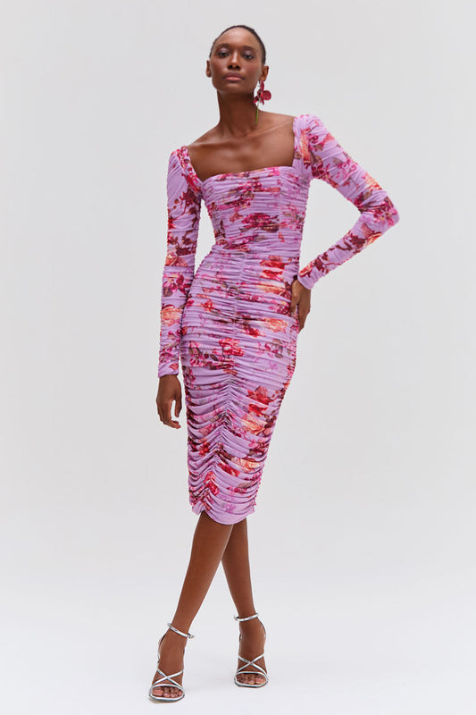 Floral Haze Stretch Tulle Midi Dress