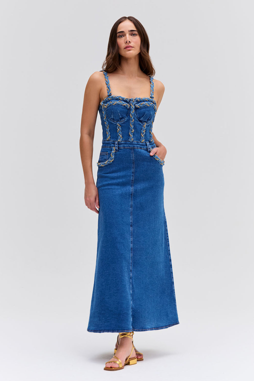 BRAIDED DENIM MIDI DRESS