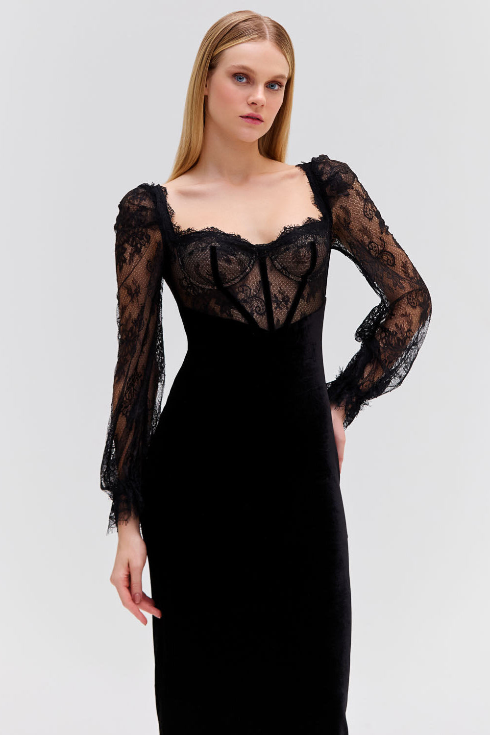 LACE AND VELVET MIDI DRESS