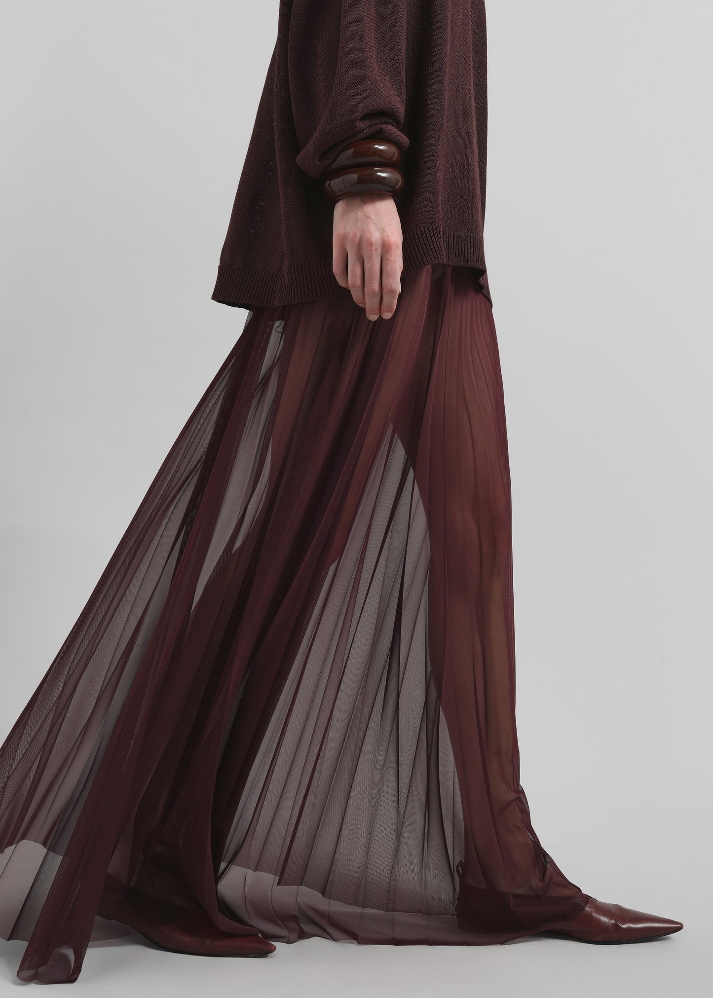 Vallen Pleated Mesh Maxi Skirt - Burgundy