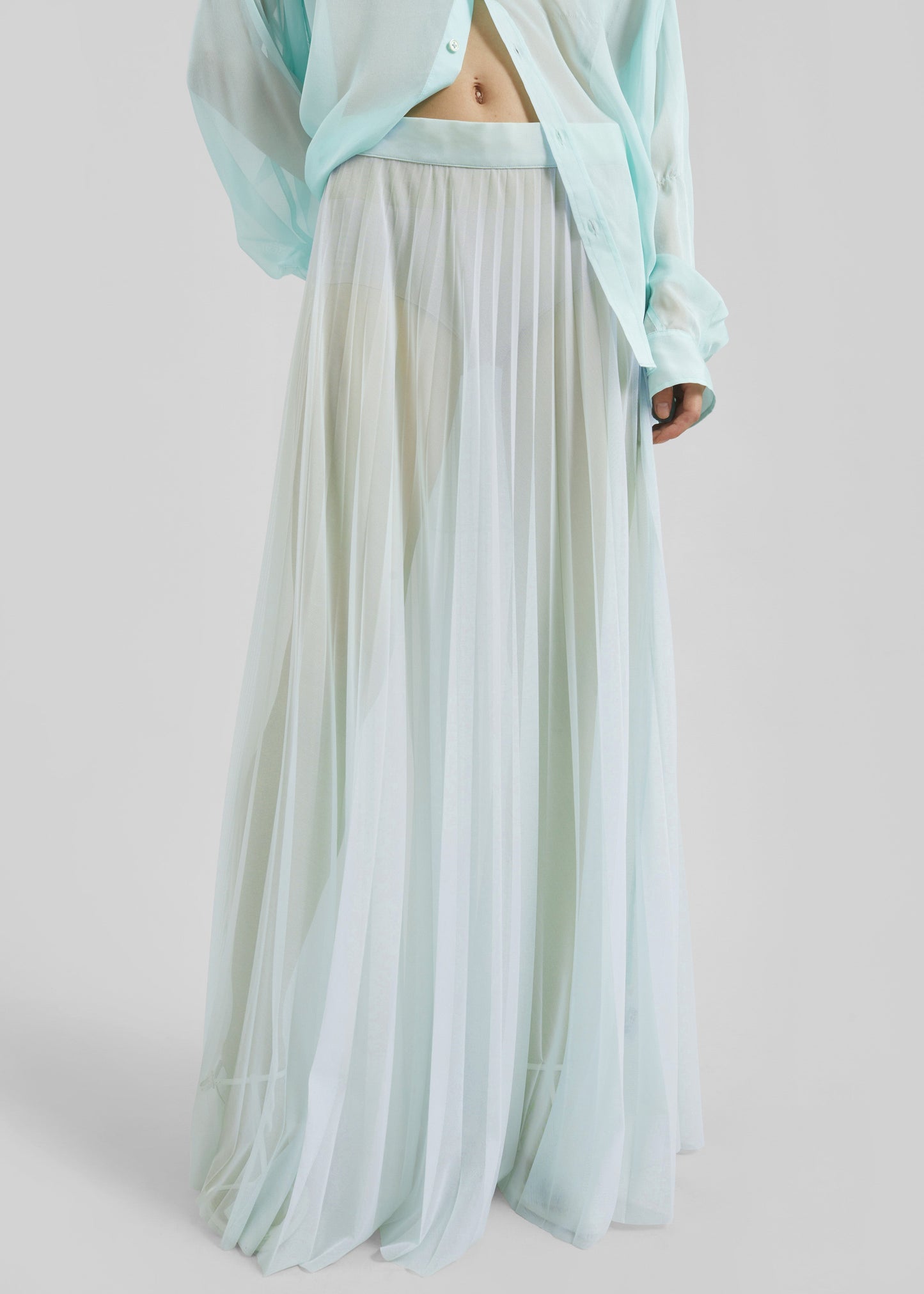 Vallen Pleated Mesh Maxi Skirt - Mint