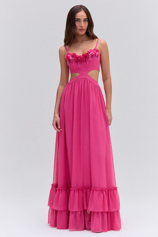 SILK PLISSE FLOWER APPLIQUE LONG DRESS