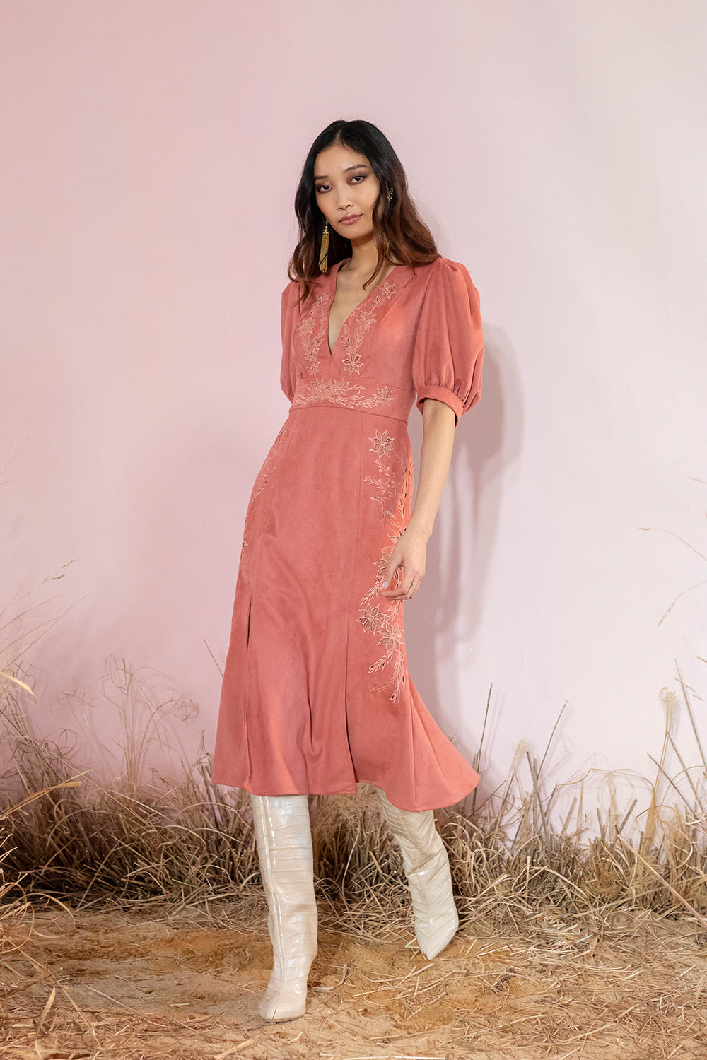 Faux Suede V-Neck Midi Dress (FINAL SALE)