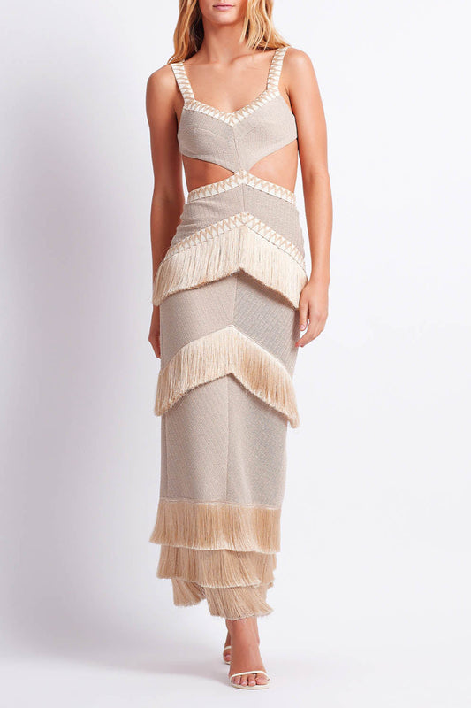 Metallic Knit Maxi Dress with Fringe Trim