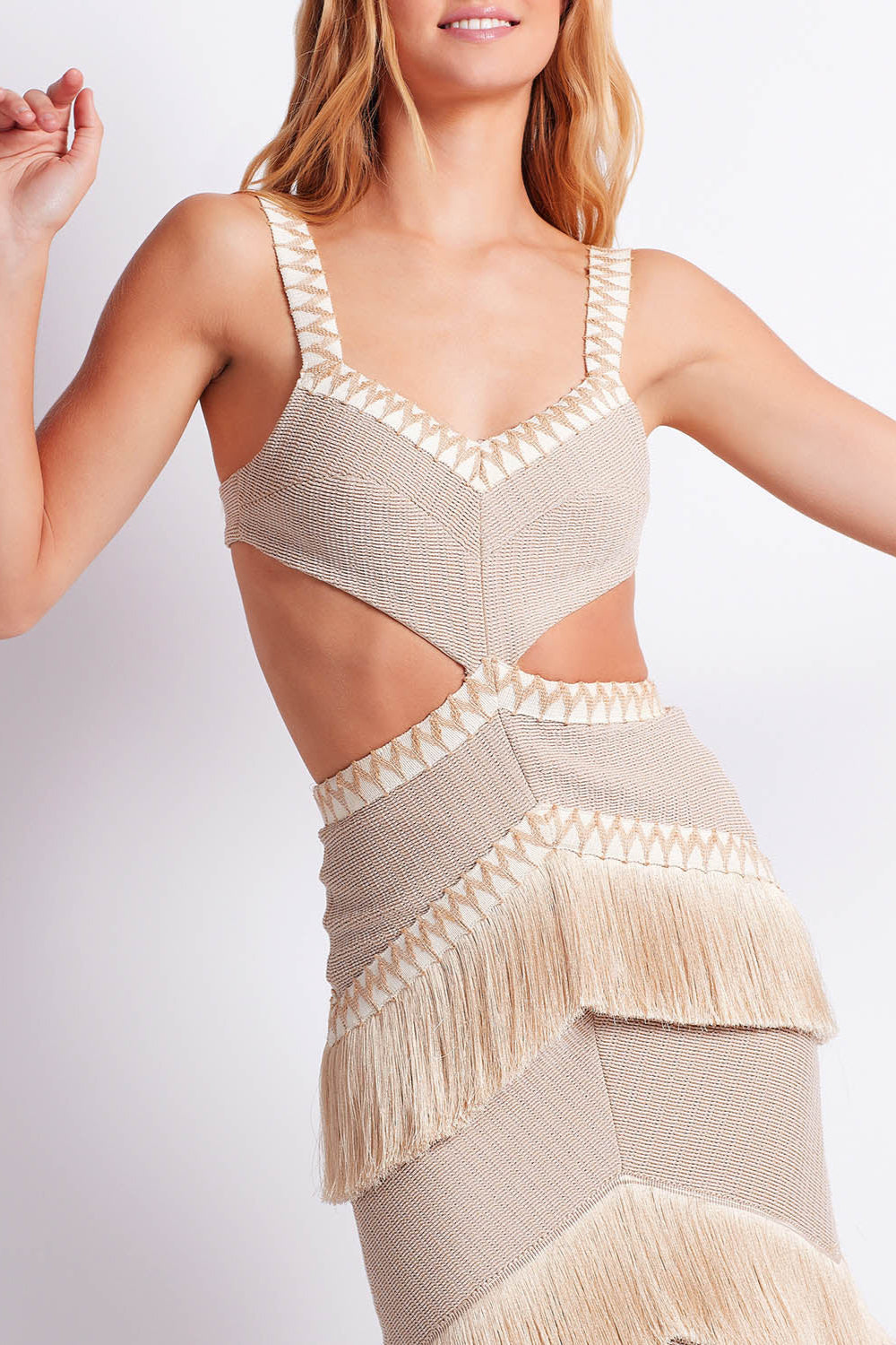 Metallic Knit Maxi Dress with Fringe Trim